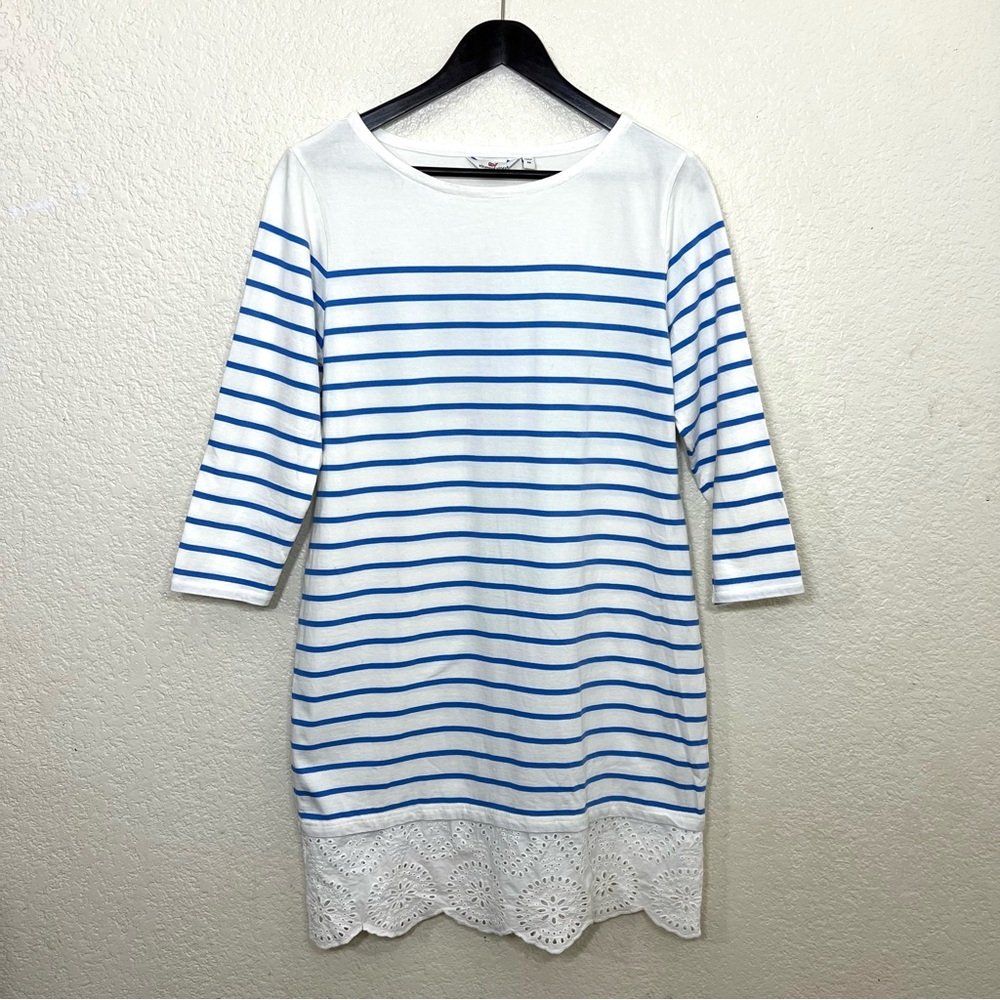 Vineyard Vines Lace Hem Nautical Blue White Striped 3/4 Sleeve Dress Cotton M